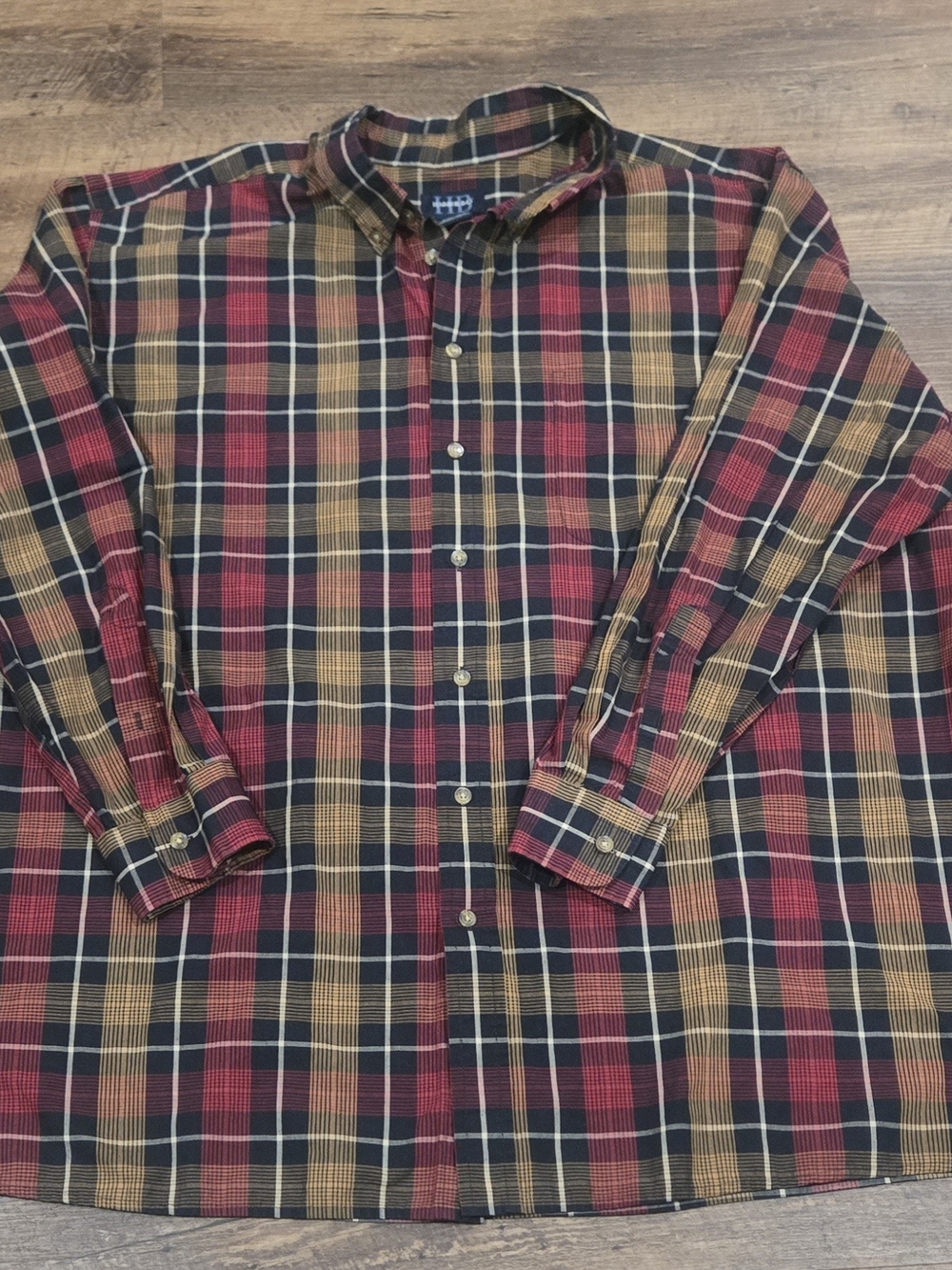 Men's Plaid Button-Up Shirt in Red, Navy & Tan